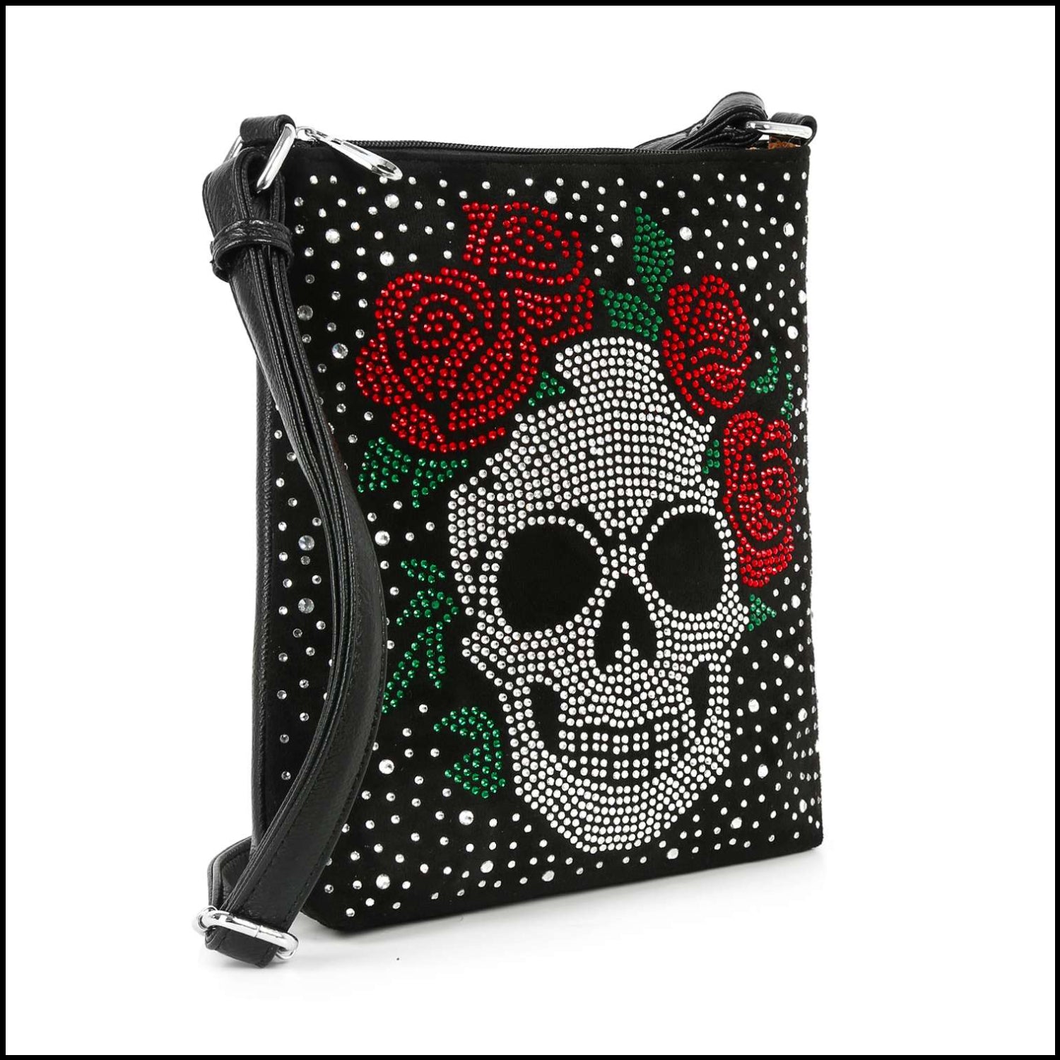 Rhinestone Skull And Rose Crossbody Sling: Black