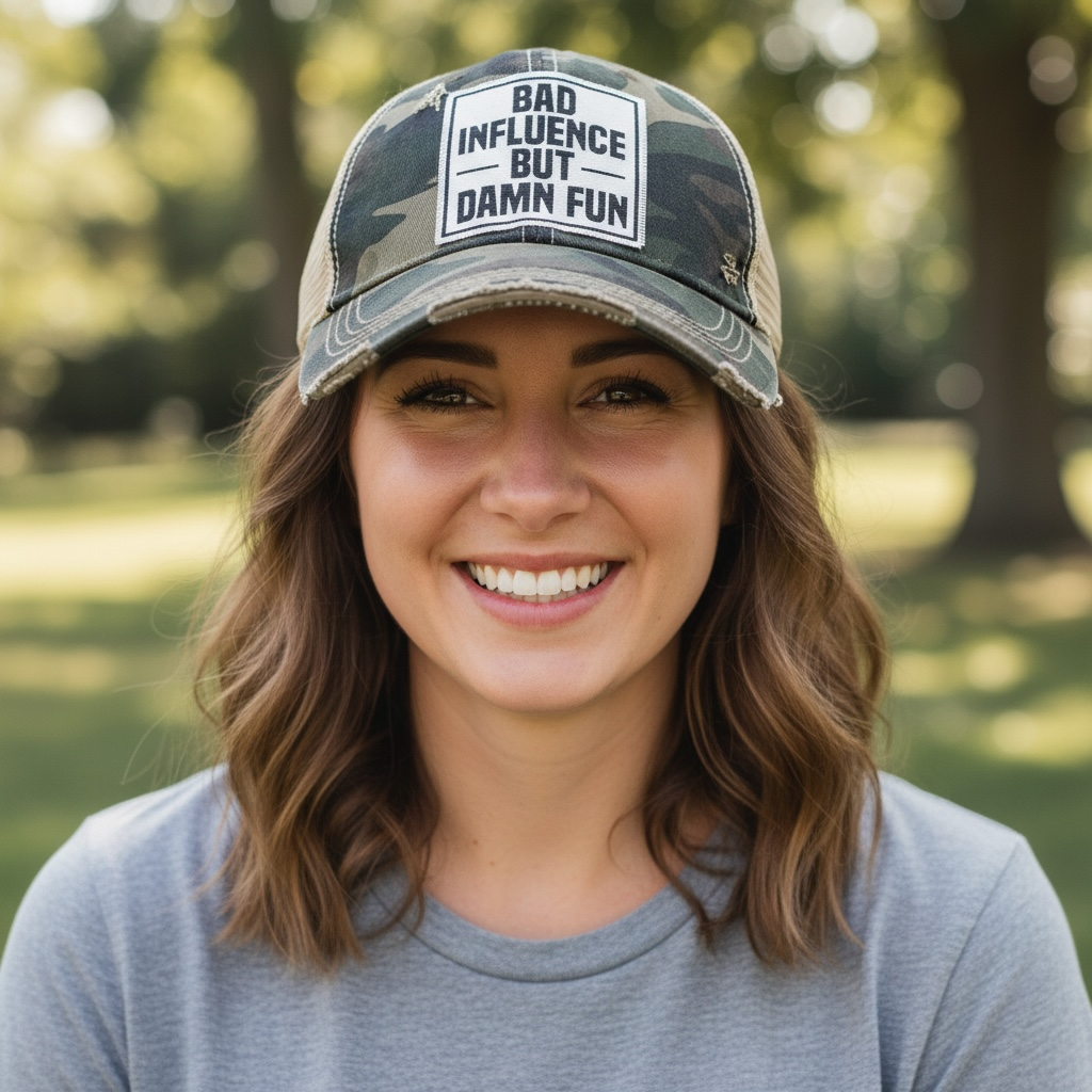 Bad Influence But Damn Fun Distressed Trucker Hat