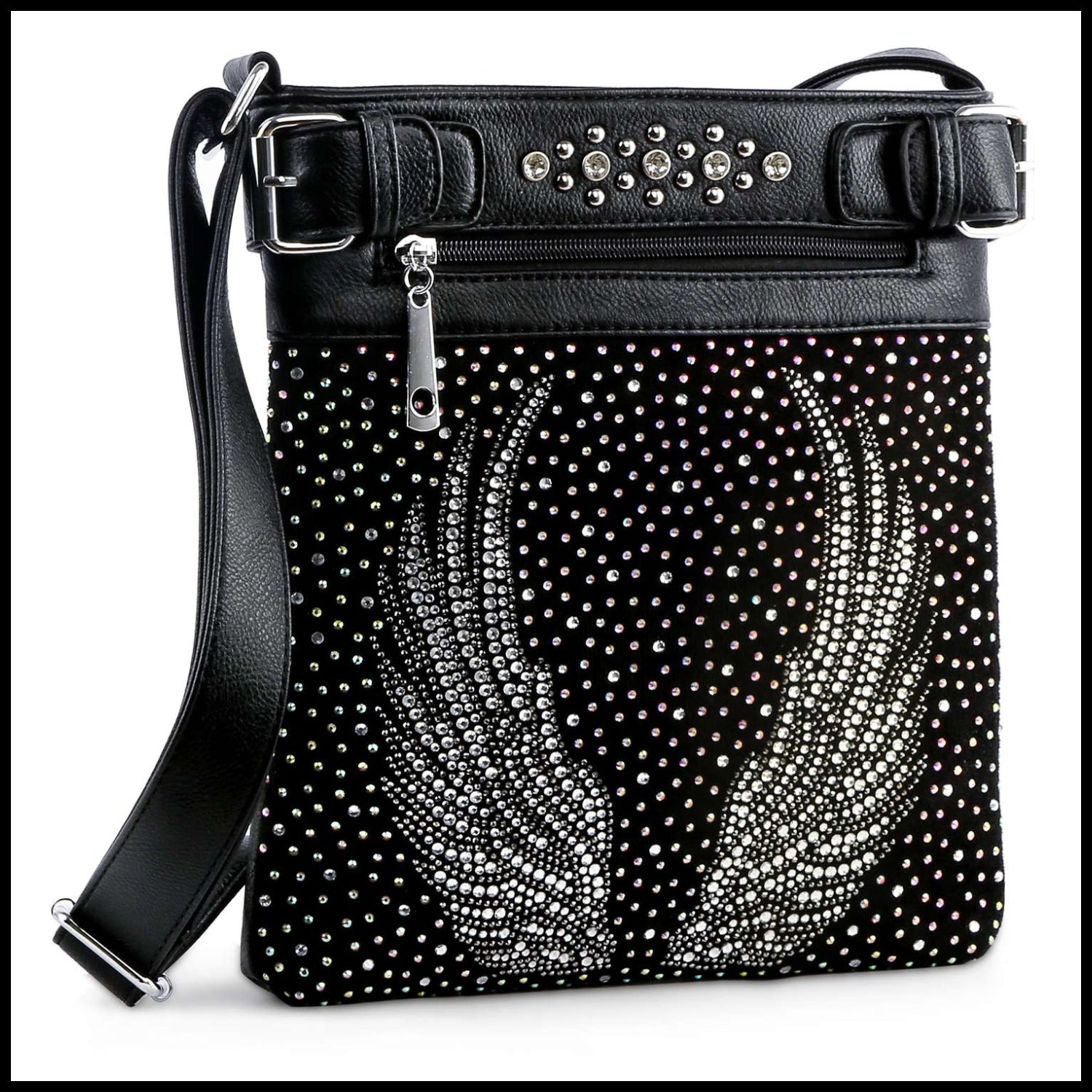 Wings Design Rhinestone Crossbody Sling: Black