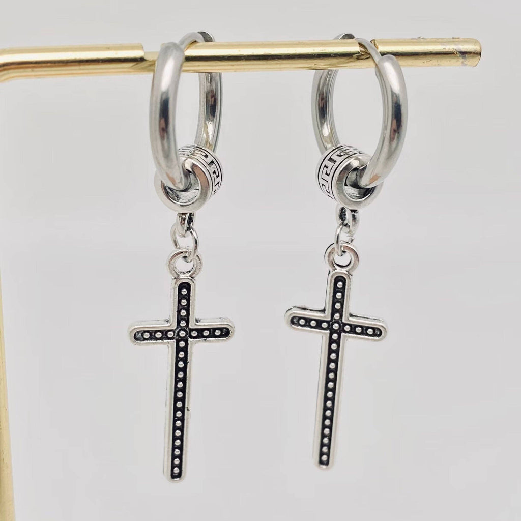 Vintage Cross Pendant Stainless Steel Hoop Earring