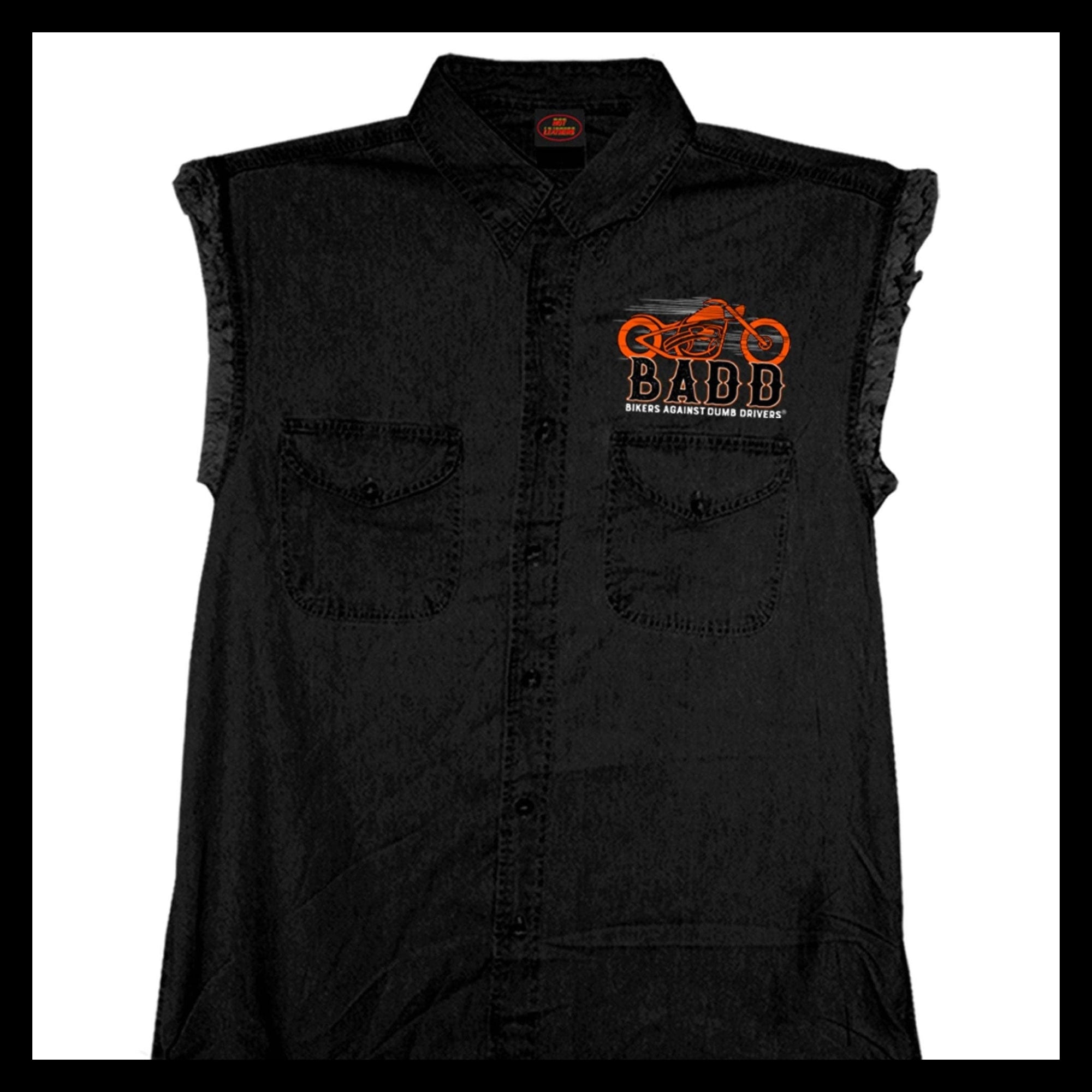 Mens Bone Finger Sleeveless Black Denim Shirt - BACK OFF