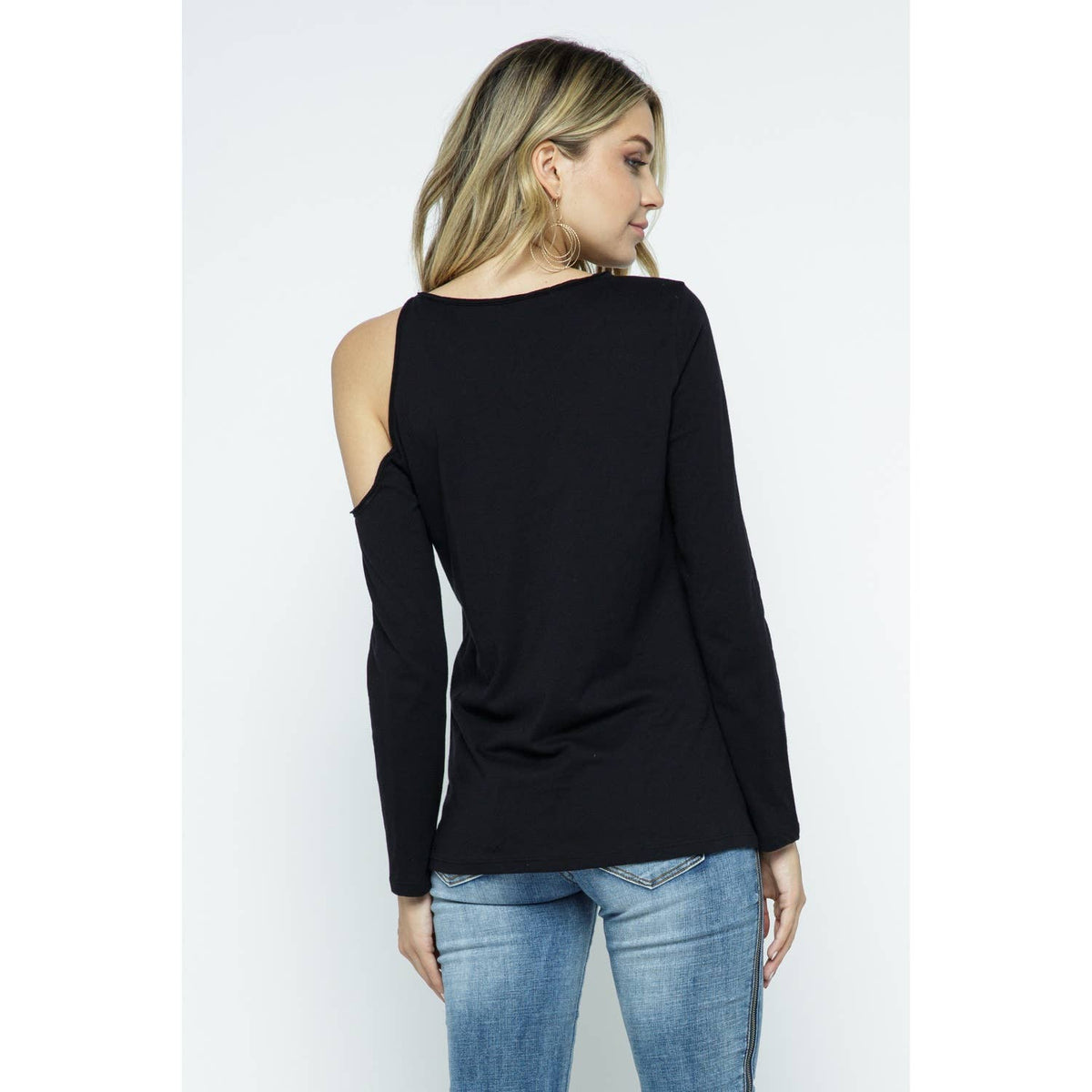 COLD SHOULDER LASER CUTOUT DETAIL RHINESTONE TOP: BLACK