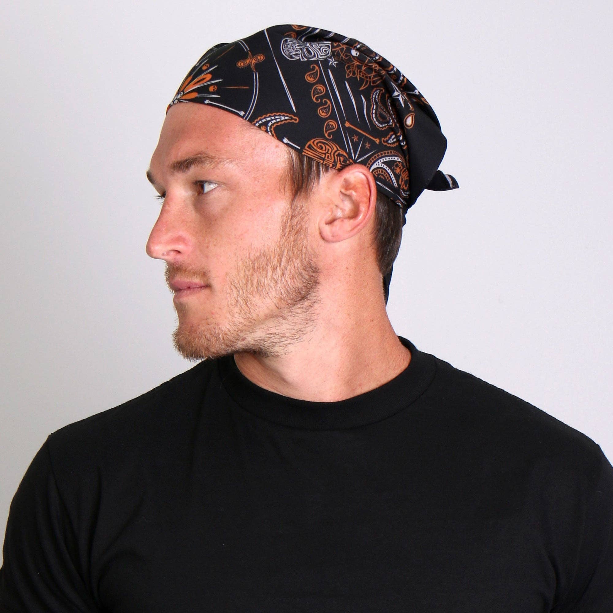 Orange Paisley Skulls Bandana: 21"X21"