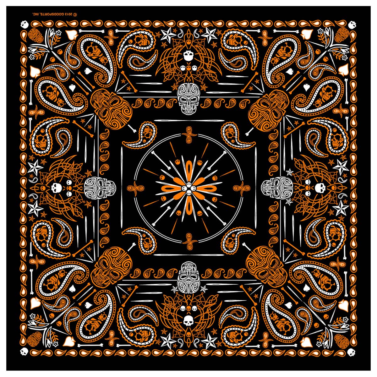 Orange Paisley Skulls Bandana: 21"X21"
