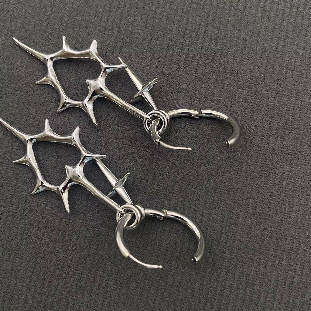 Gothic Silver Tone Thorns Hollow Heart Huggie Earrings