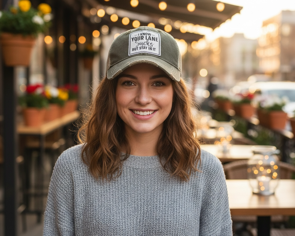I Know Your Lane Sucks But Stay In It Distressed Trucker Cap
