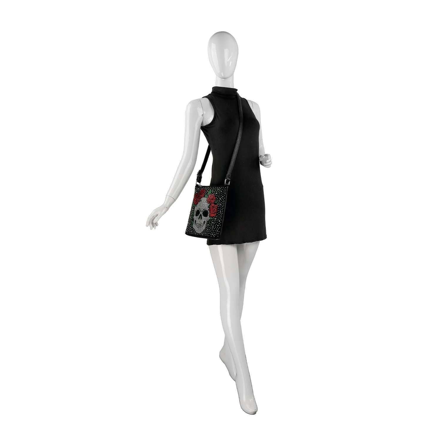 Rhinestone Skull And Rose Crossbody Sling: Black