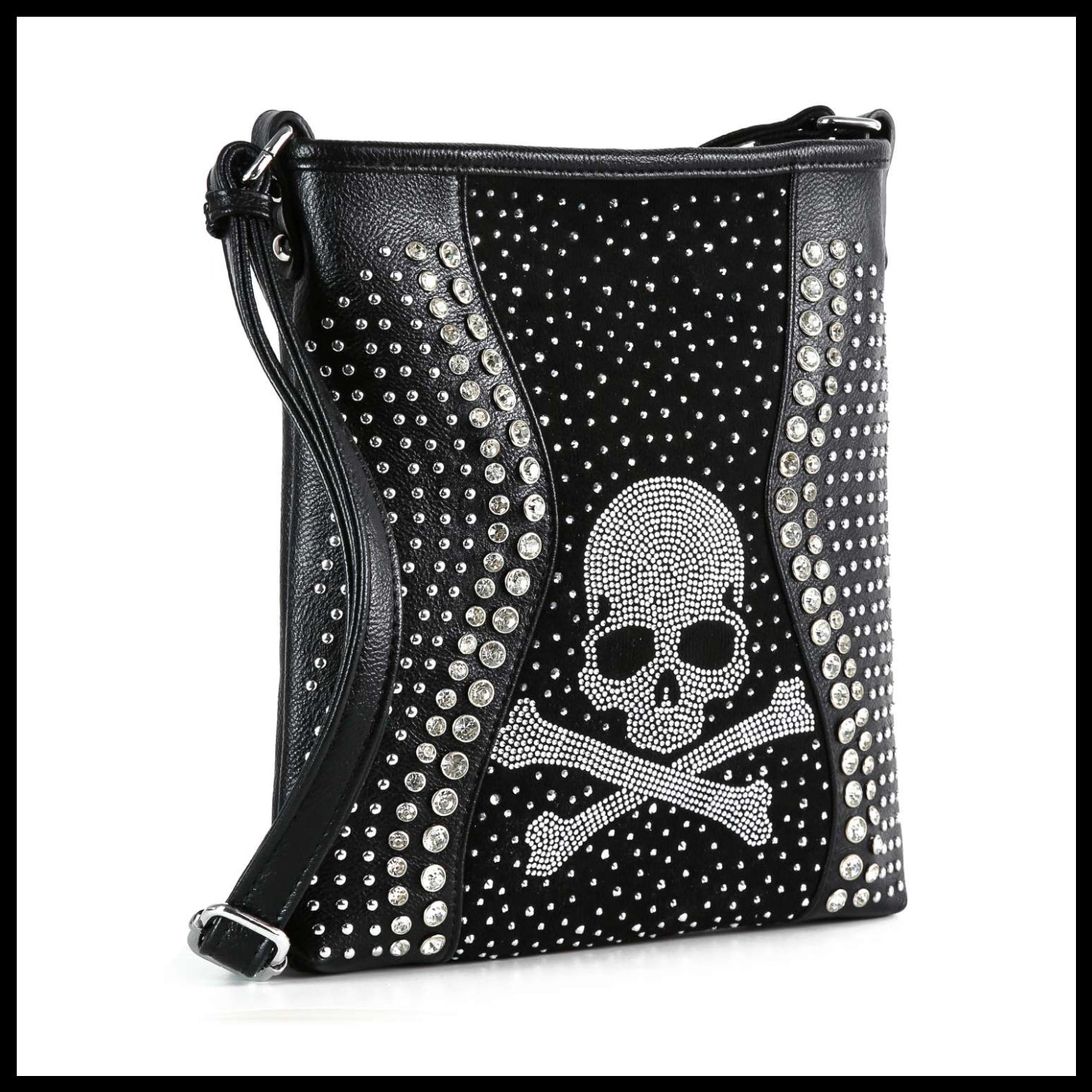 Skull Rhinestone Crossbody Sling: Black