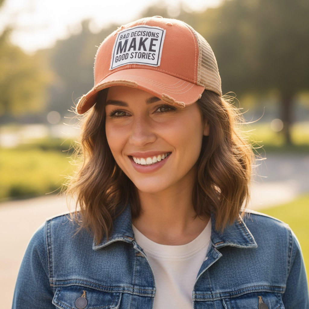 Bad Decisions Make Good Stories Distressed Trucker Cap