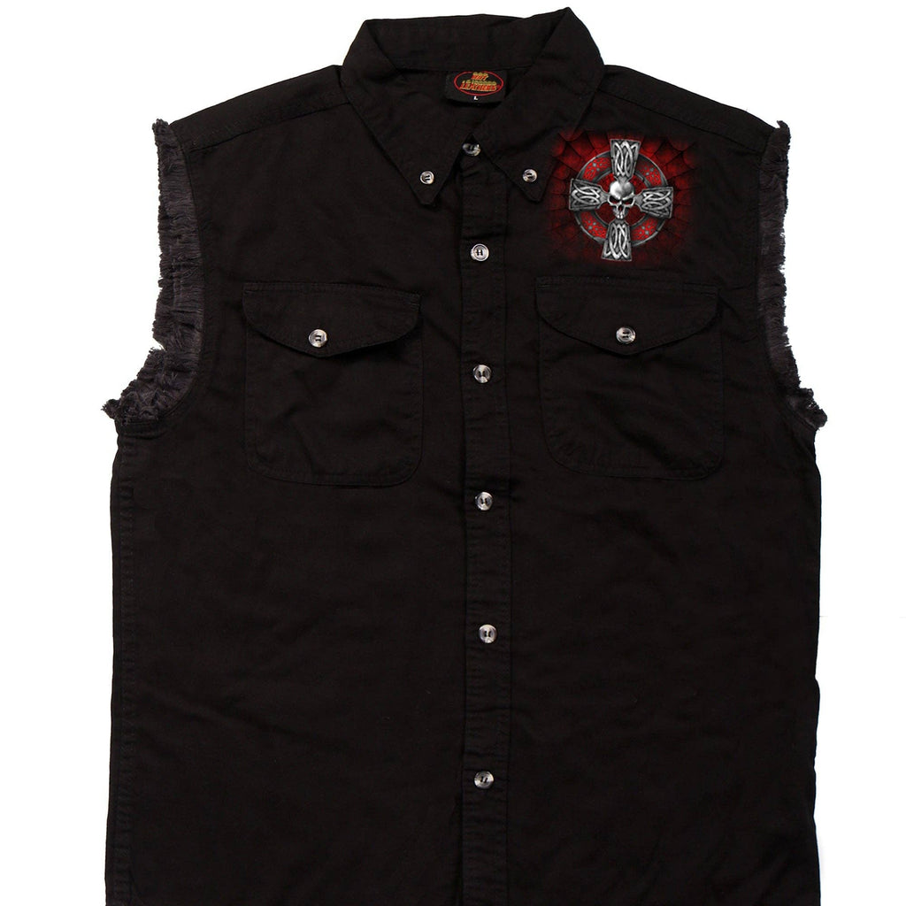 Mens 'Celtic Cross' Sleeveless Denim Black Shirt