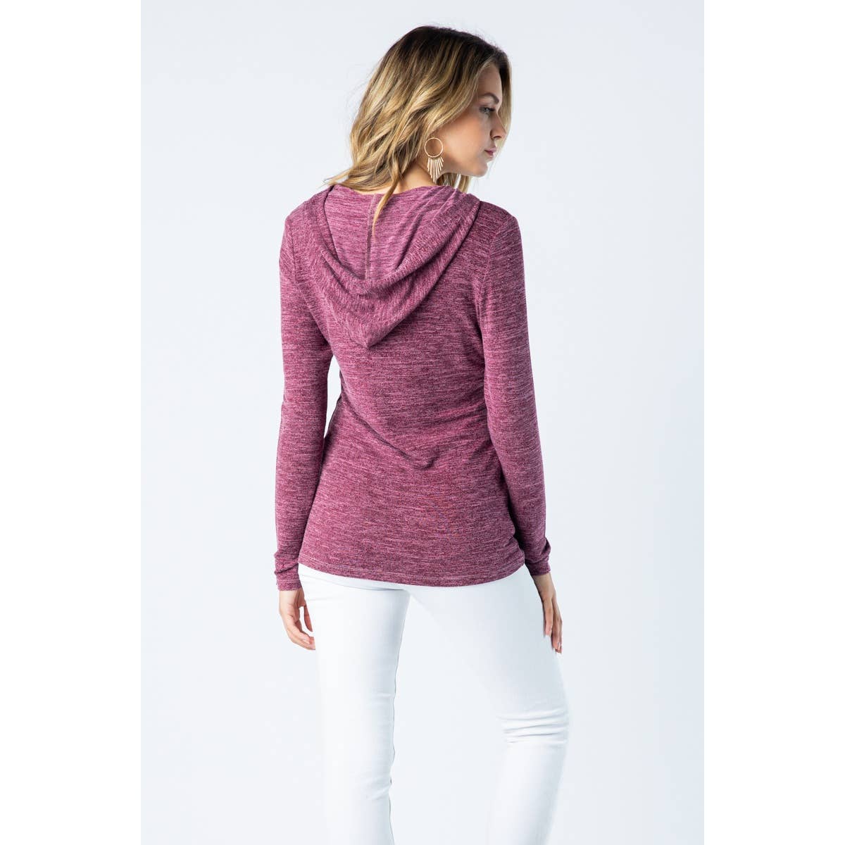 LONG SLEEVE HOODIE TOP WITH STONES: PLUM