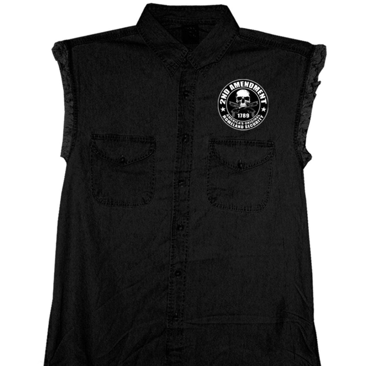 Mens '2nd Amendment America's Original Homeland Security' Sleeveless  Black Denim Shirt: BLACK