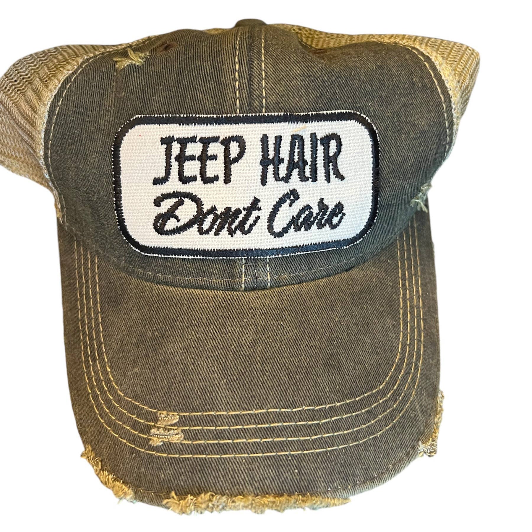 Jeep Hair Don’t Care: Black Distressed Trucker Hat