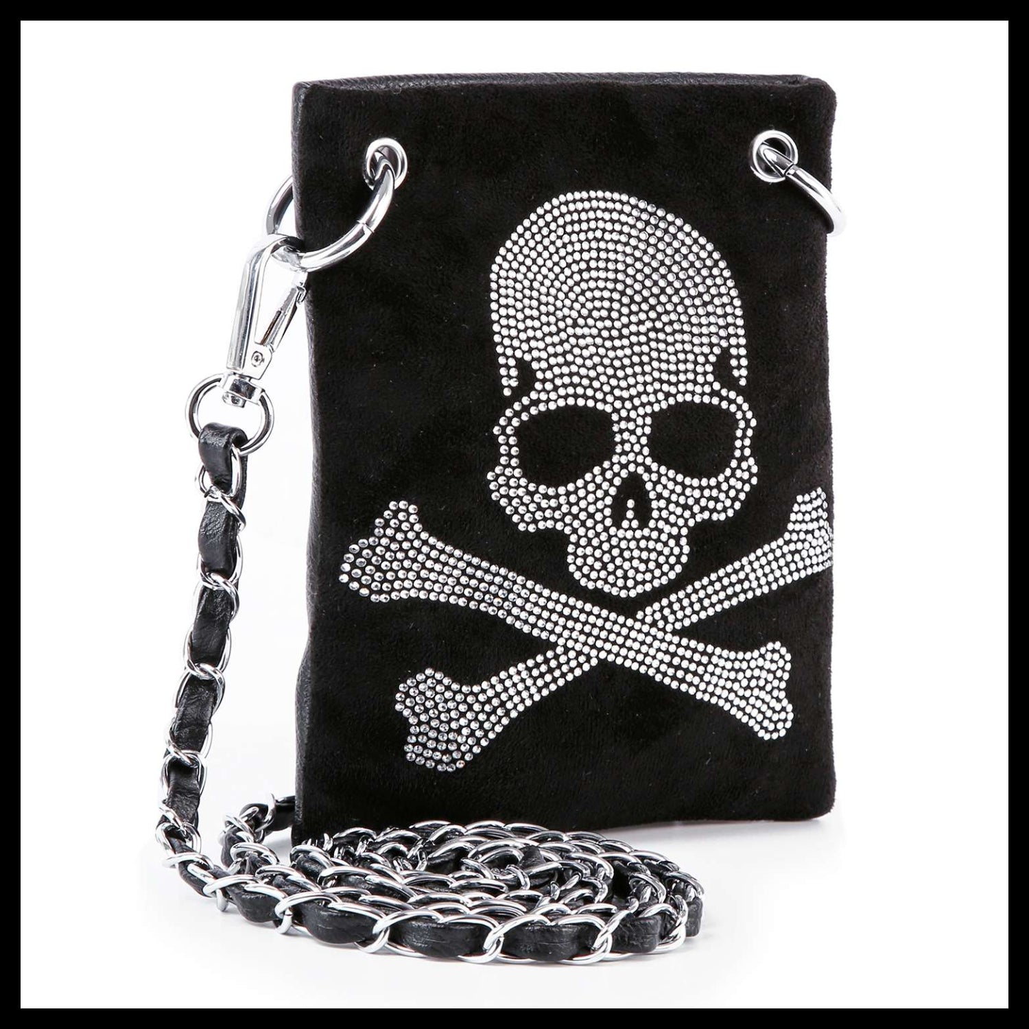 Skull And Crossbones Rhinestone Petite Crossbody Sling: Black