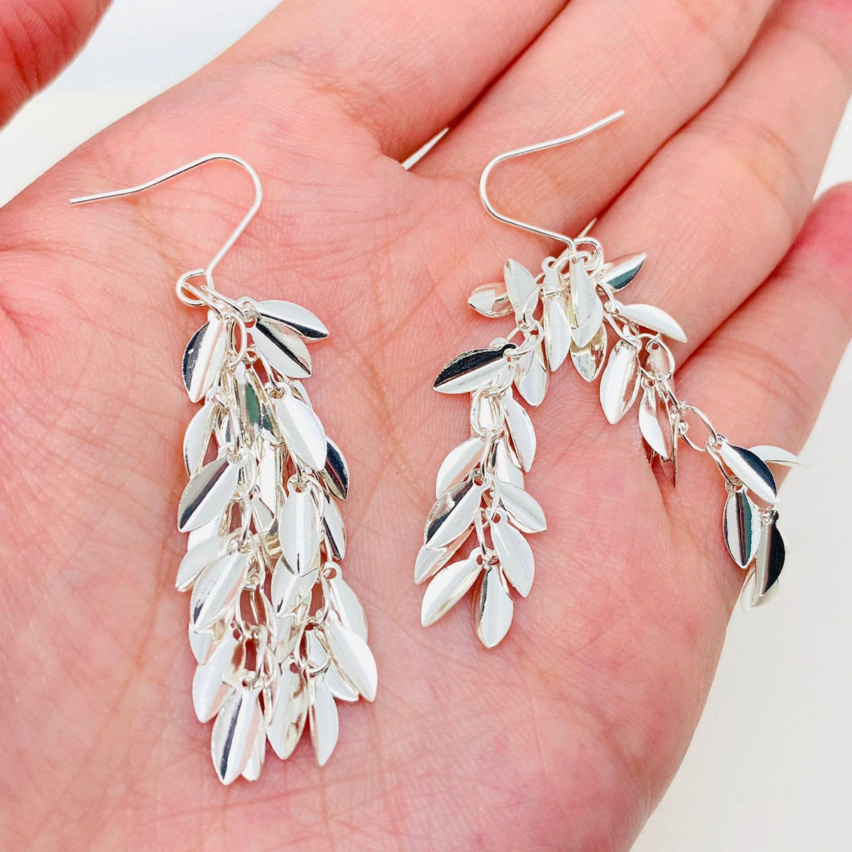 Sparkling Silver Leaf Fringe Dangle Earrings