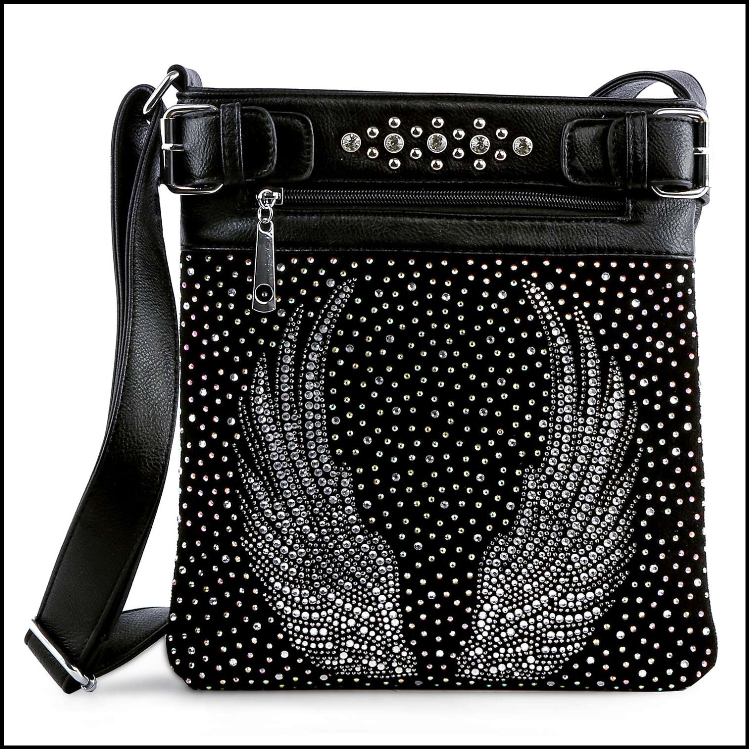 Wings Design Rhinestone Crossbody Sling: Black