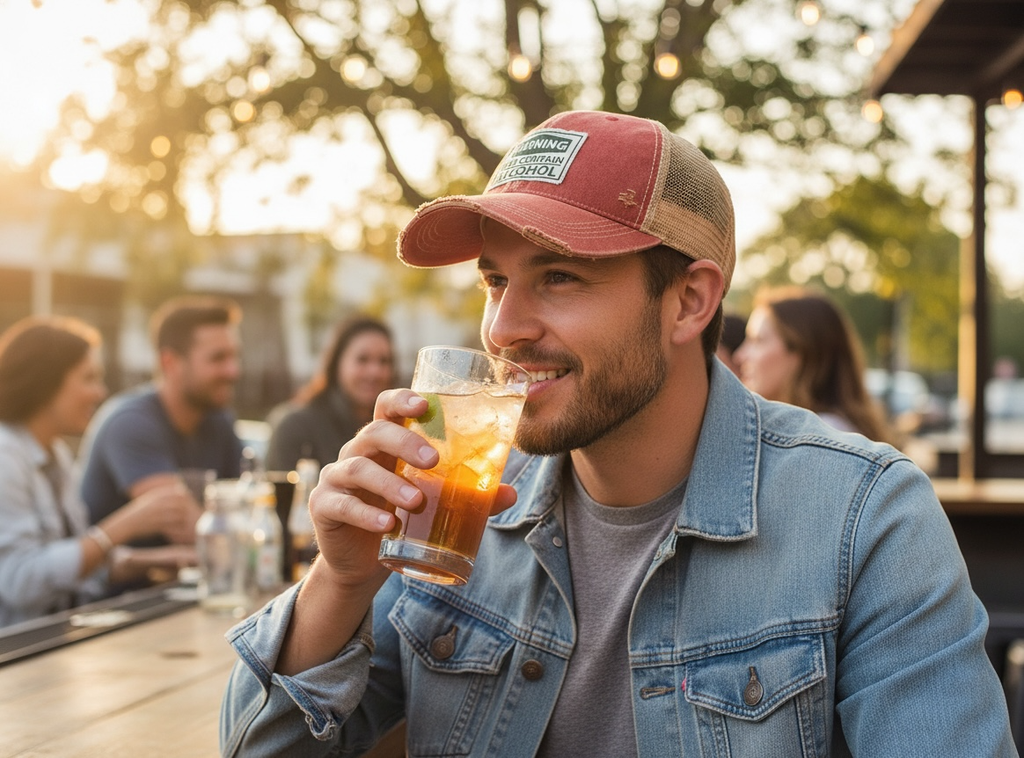 Warning May Contain Alcohol Distressed Trucker Baseball Cap
