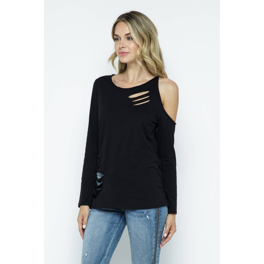 COLD SHOULDER LASER CUTOUT DETAIL RHINESTONE TOP: BLACK
