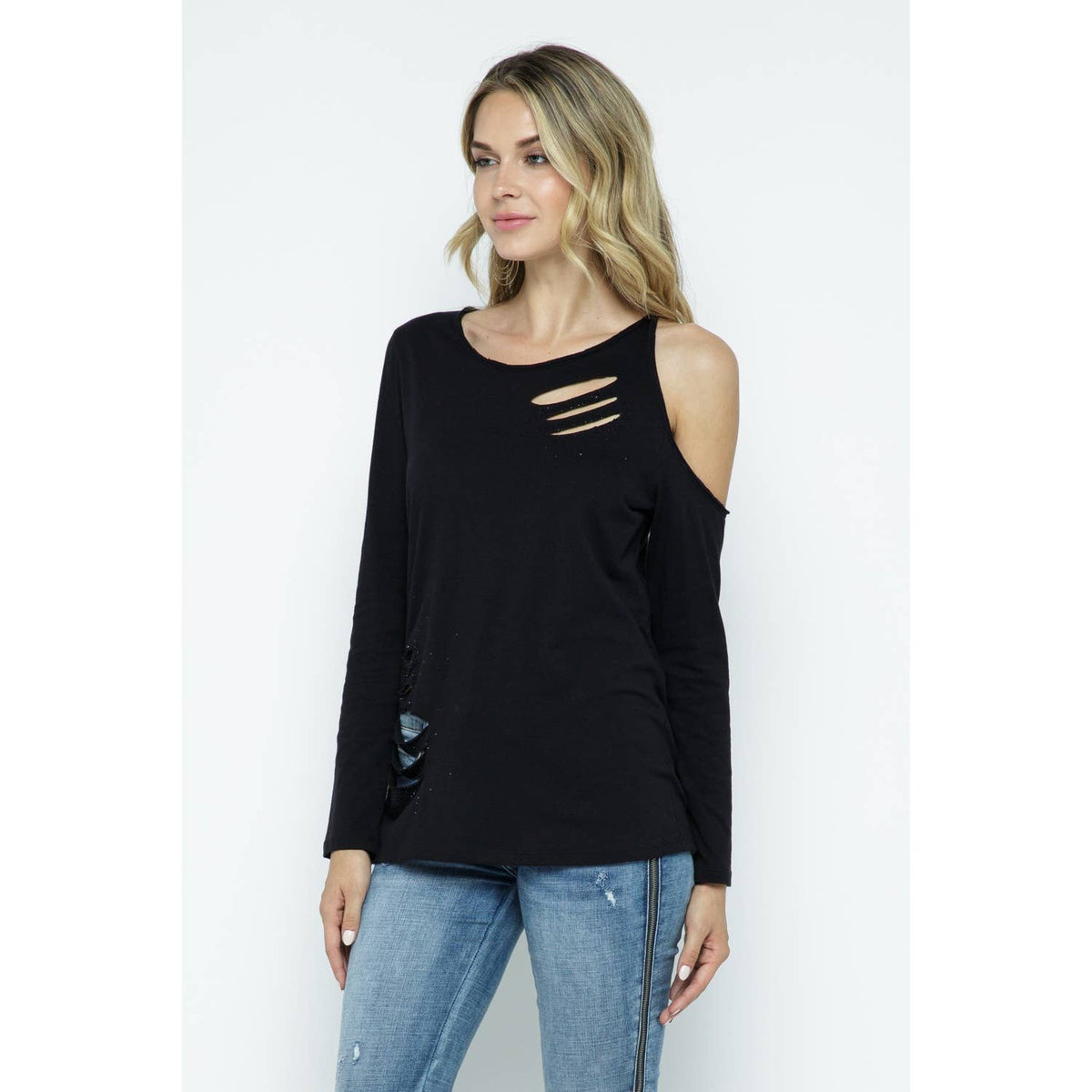 COLD SHOULDER LASER CUTOUT DETAIL RHINESTONE TOP: BLACK