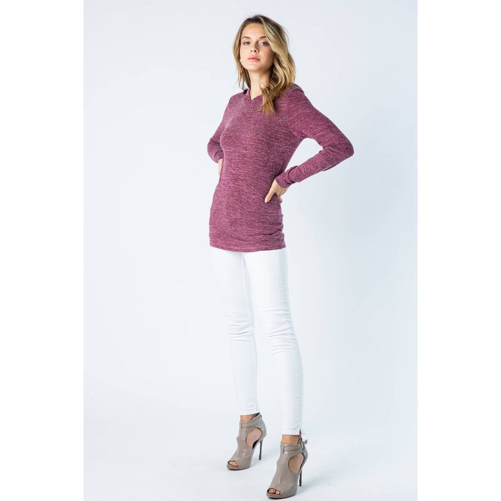 LONG SLEEVE HOODIE TOP WITH STONES: PLUM