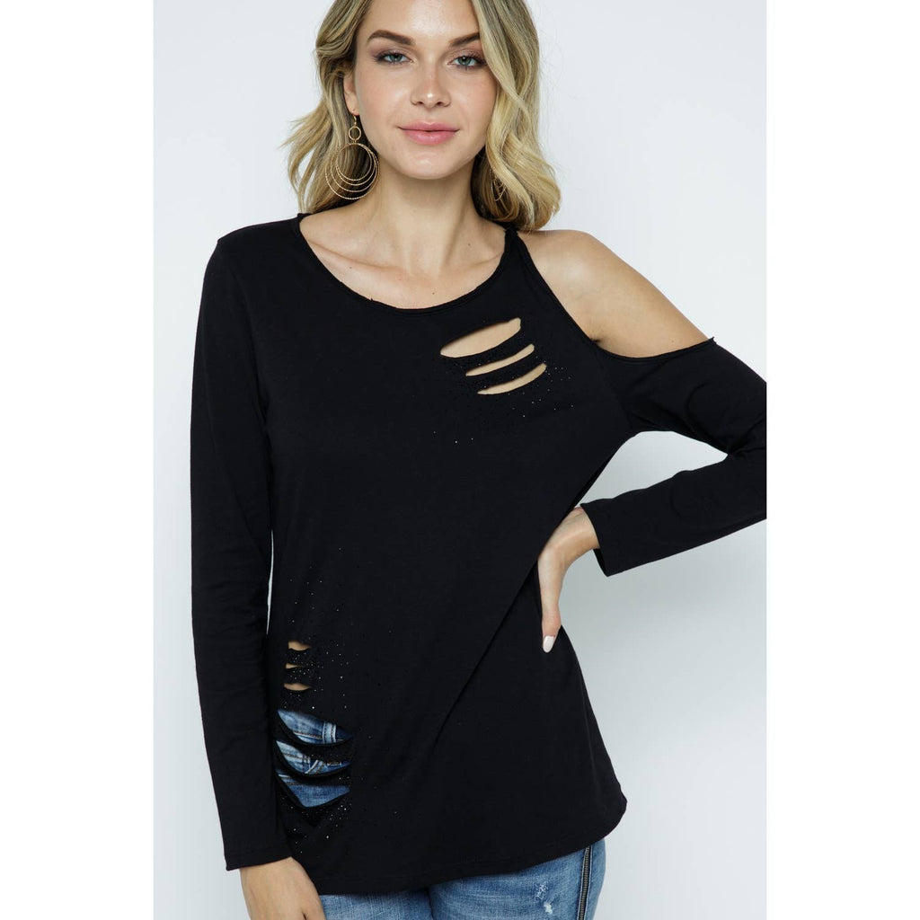 COLD SHOULDER LASER CUTOUT DETAIL RHINESTONE TOP: BLACK