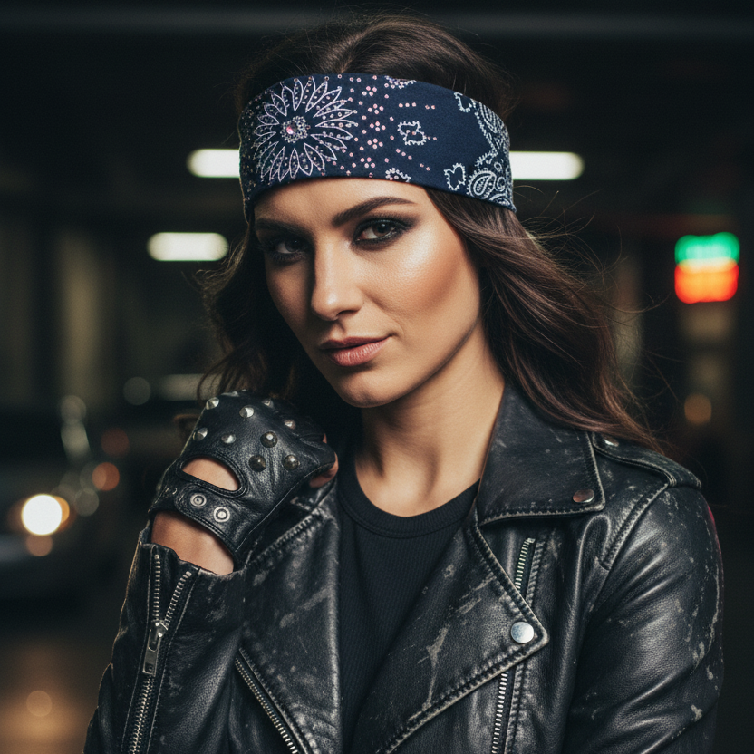 Biker Chick with Navy Paisley Rhinestone Headband