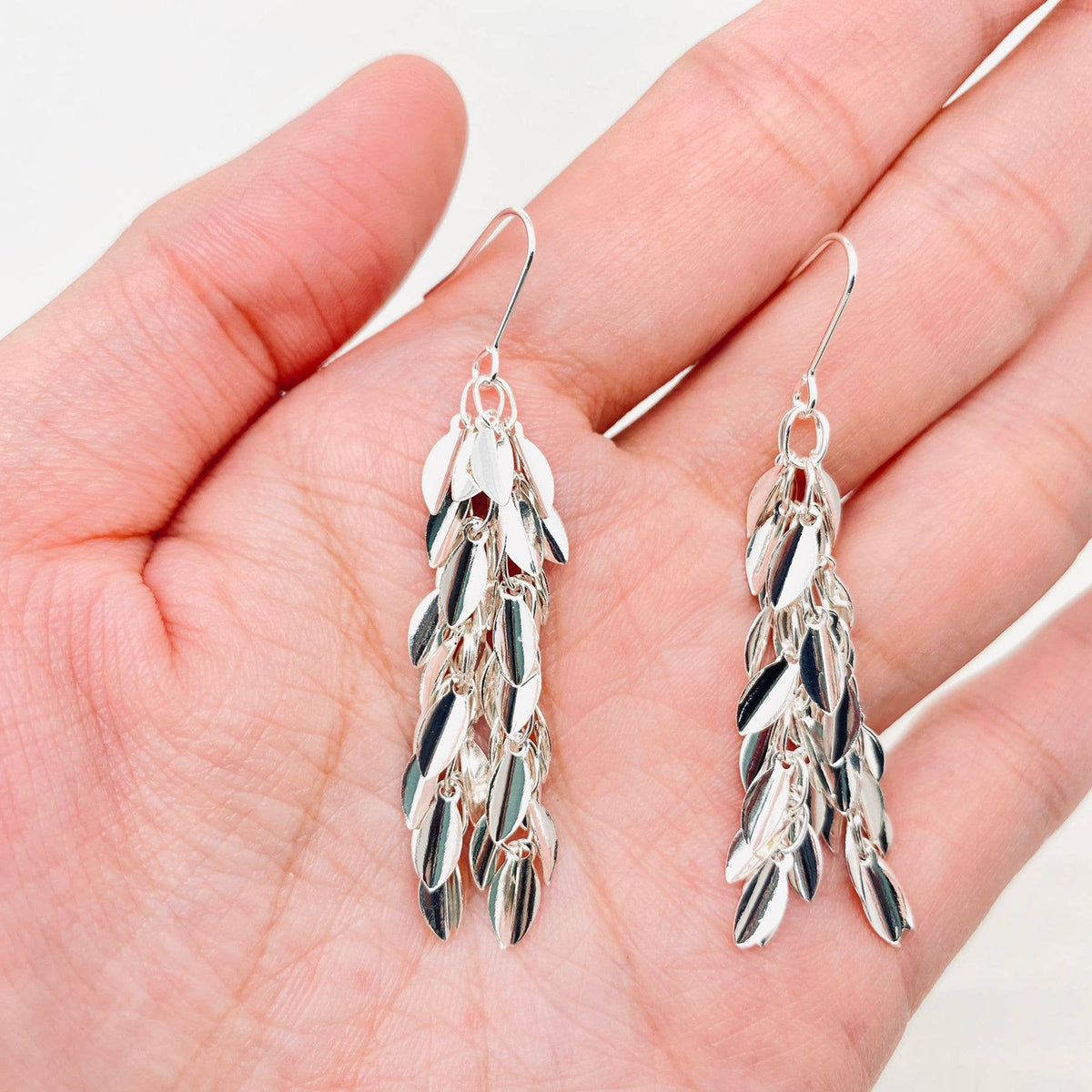 Sparkling Silver Leaf Fringe Dangle Earrings