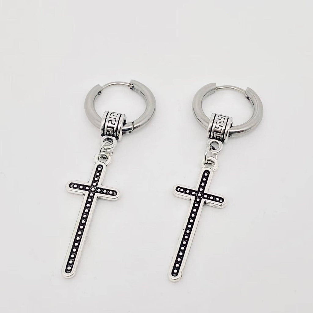 Vintage Cross Pendant Stainless Steel Hoop Earring