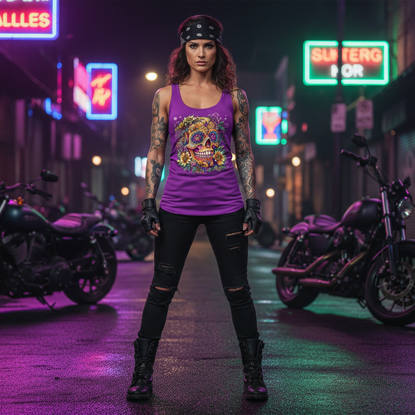 Candy Flower Skull Tank Top Neon Night No Jacket