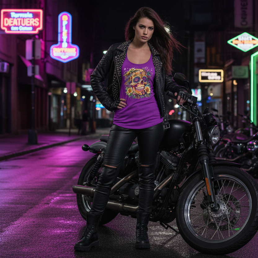 Candy Flower Skull Tank Top Neon Night Scene