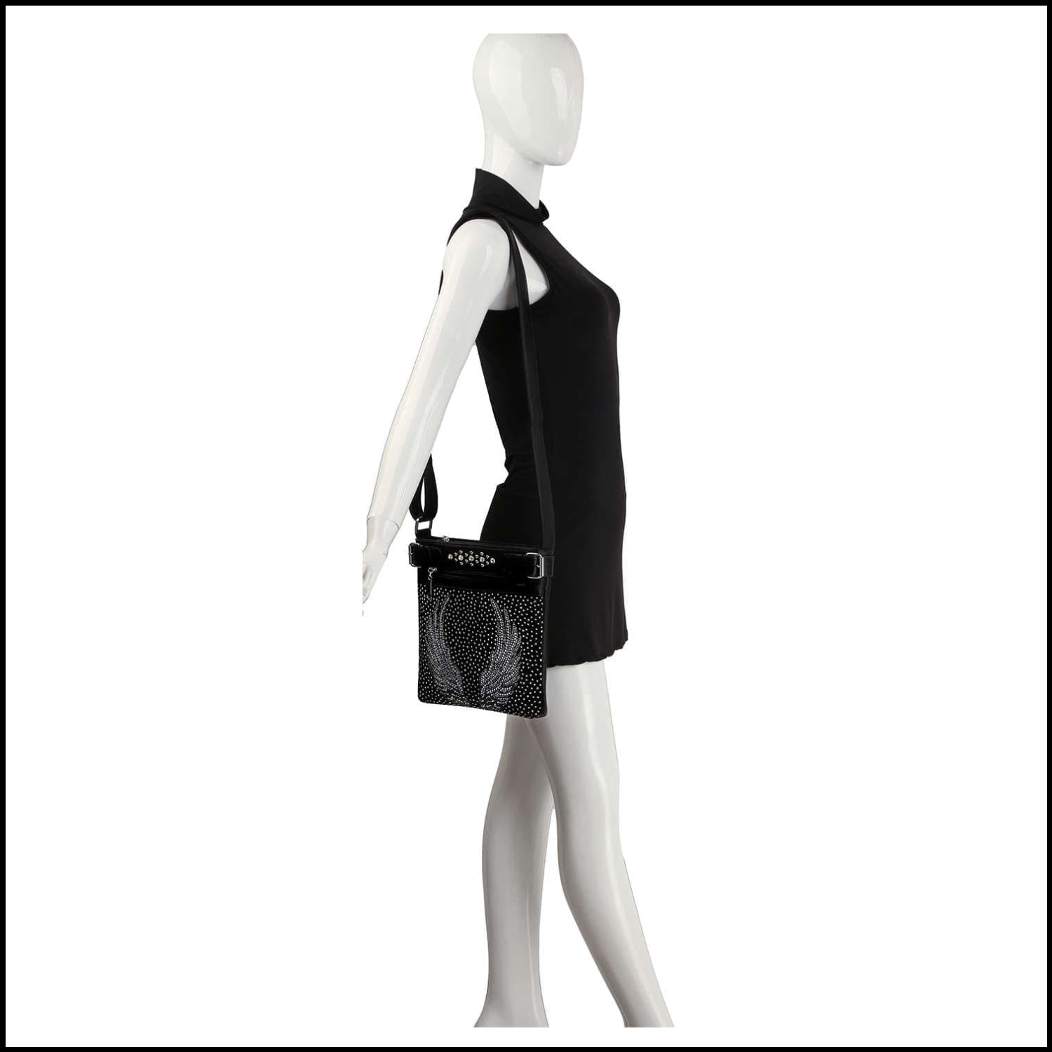 Wings Design Rhinestone Crossbody Sling: Black