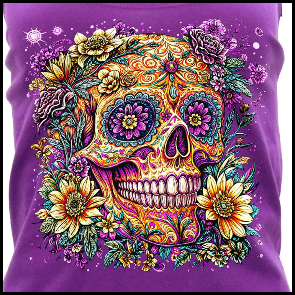 Candy Flower Skull Ladies Tank Top  Purple