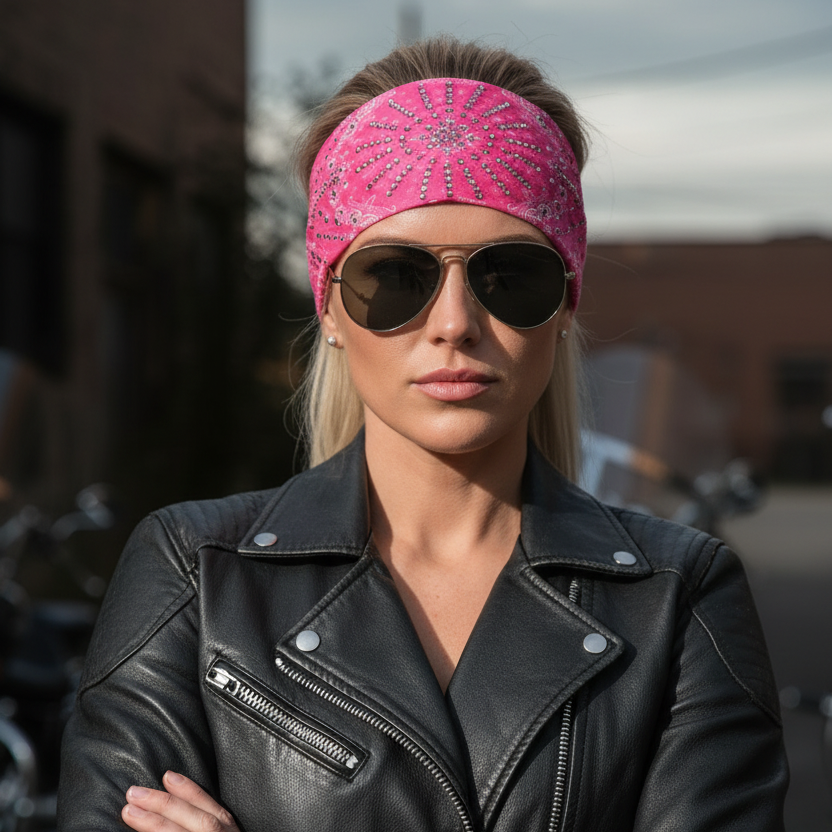 Close-up Pink Rhinestone Headband Biker
