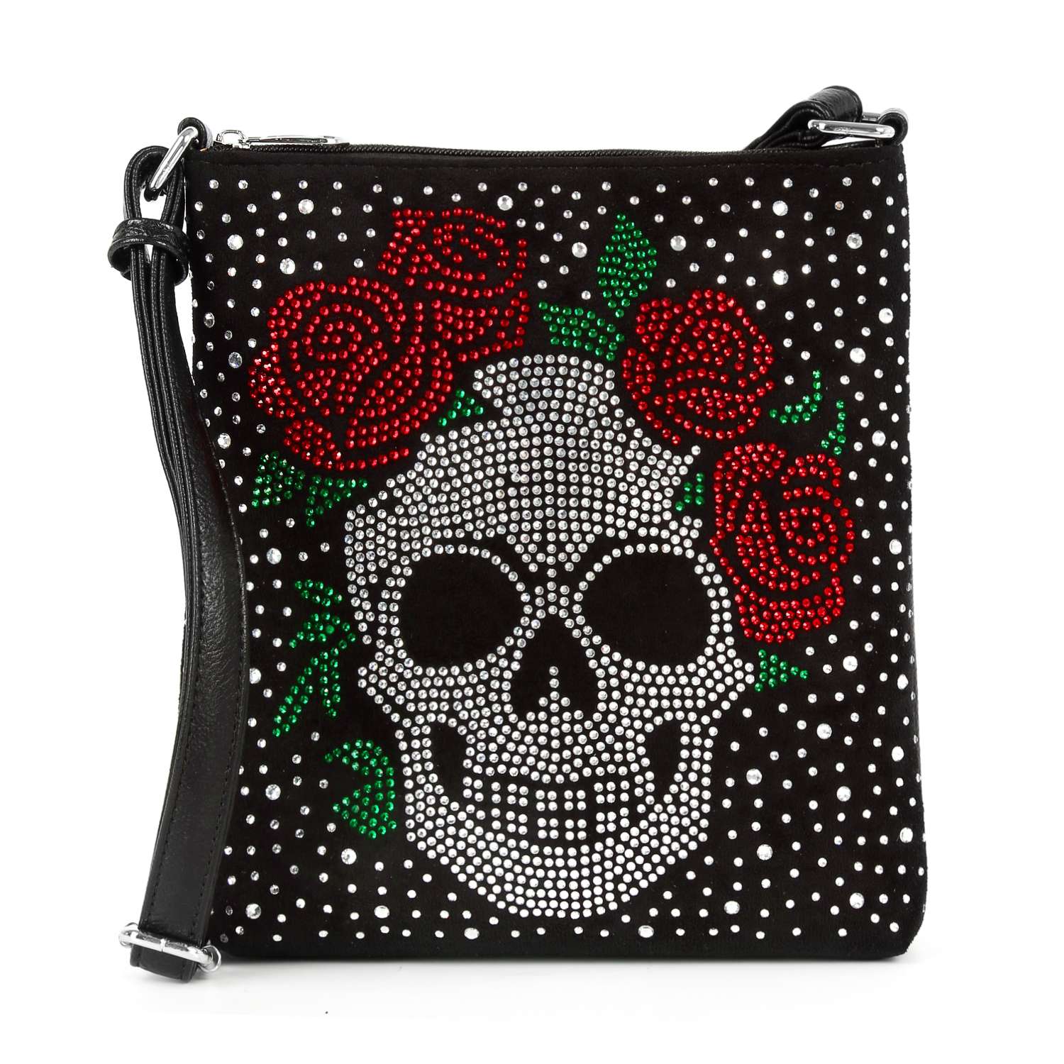 Rhinestone Skull And Rose Crossbody Sling: Black