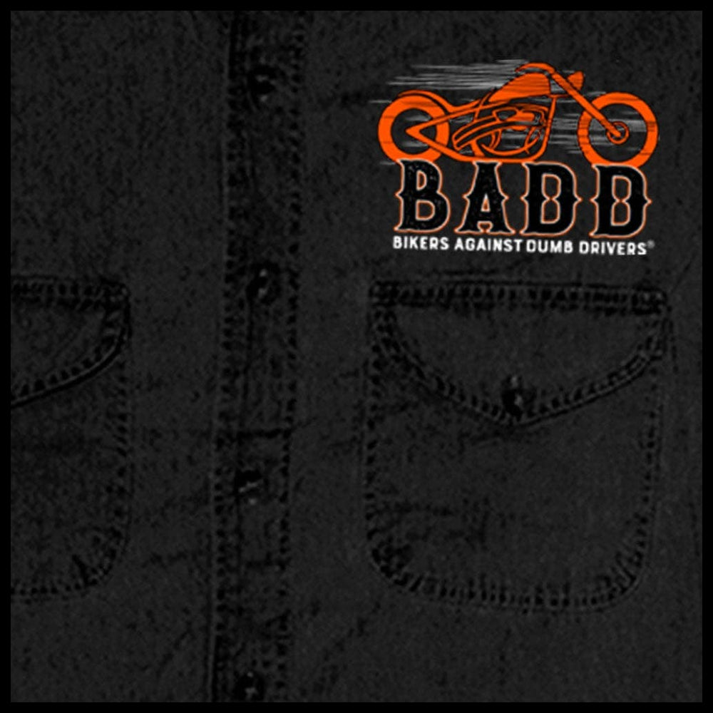 Mens Bone Finger Sleeveless Black Denim Shirt - BACK OFF