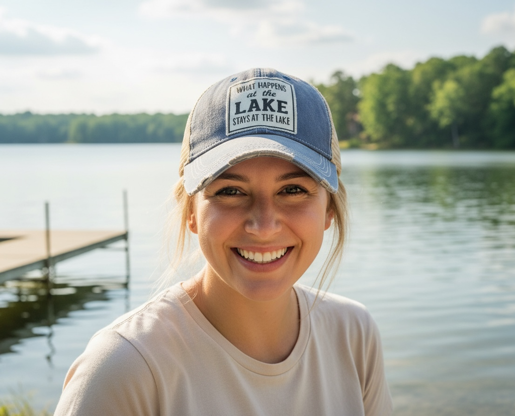What Happens At The Lake Stays At The Lake Trucker Cap Hat
