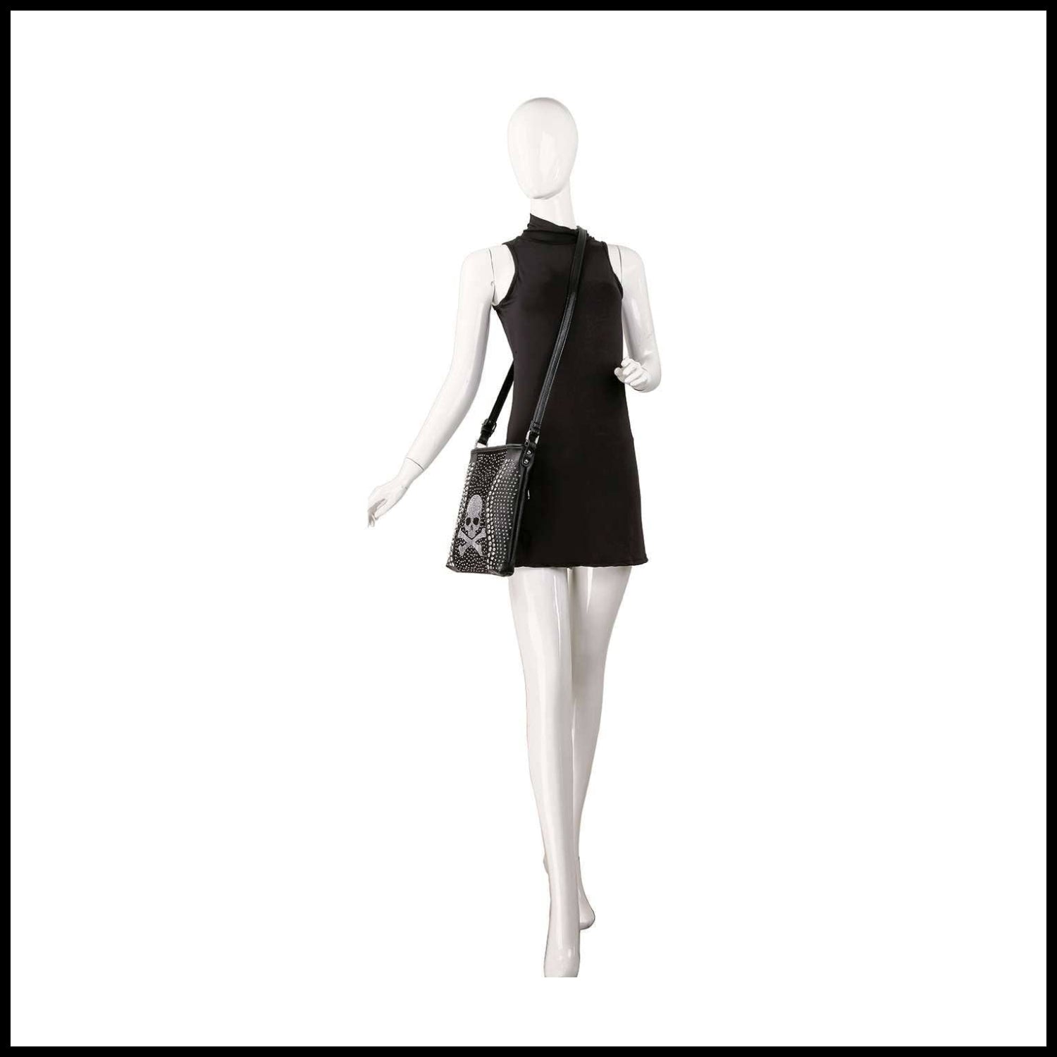 Skull Rhinestone Crossbody Sling: Black