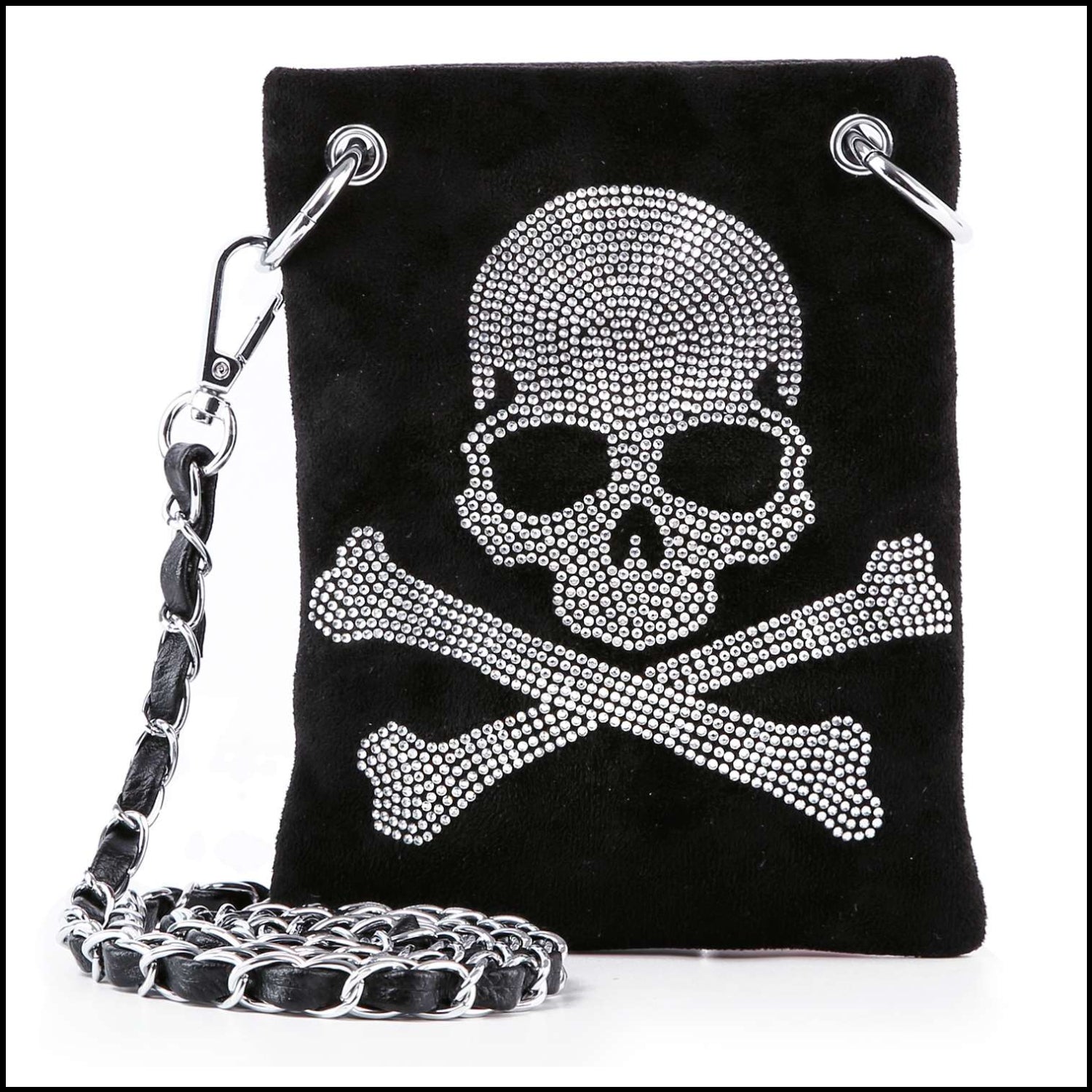 Skull And Crossbones Rhinestone Petite Crossbody Sling: Black