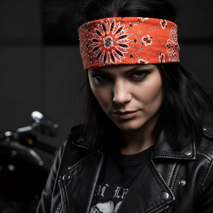 Biker woman wearing orange rhinestone paisley bandana headband tied in the back