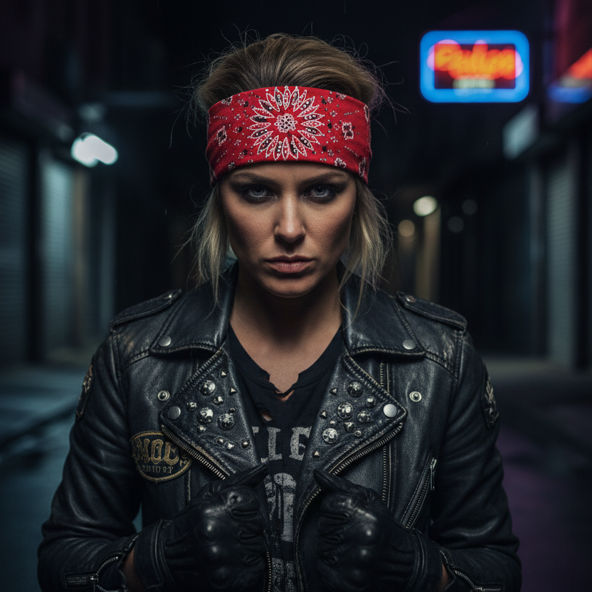 Biker woman wearing red rhinestone paisley bandana headband tied in the back