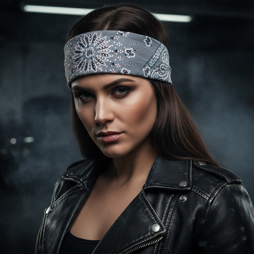 Biker woman wearing gray rhinestone paisley bandana headband with bling centered on forehead