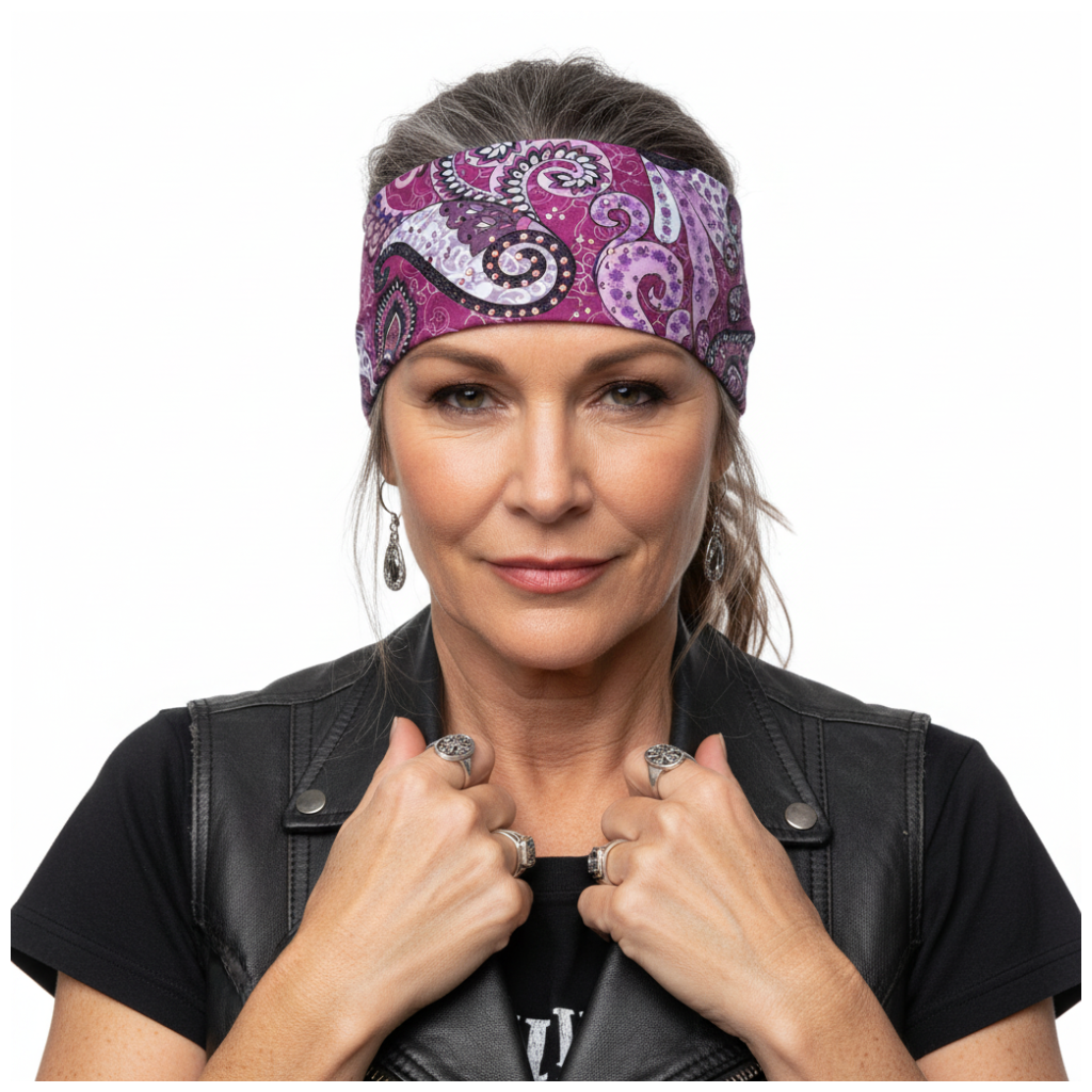 Older Biker Woman Purple Paisley Headband