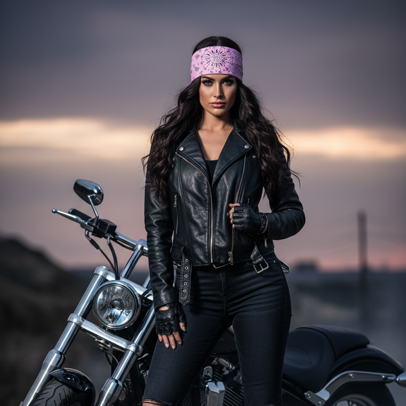 Pink Rhinestone Headband on Biker Woman