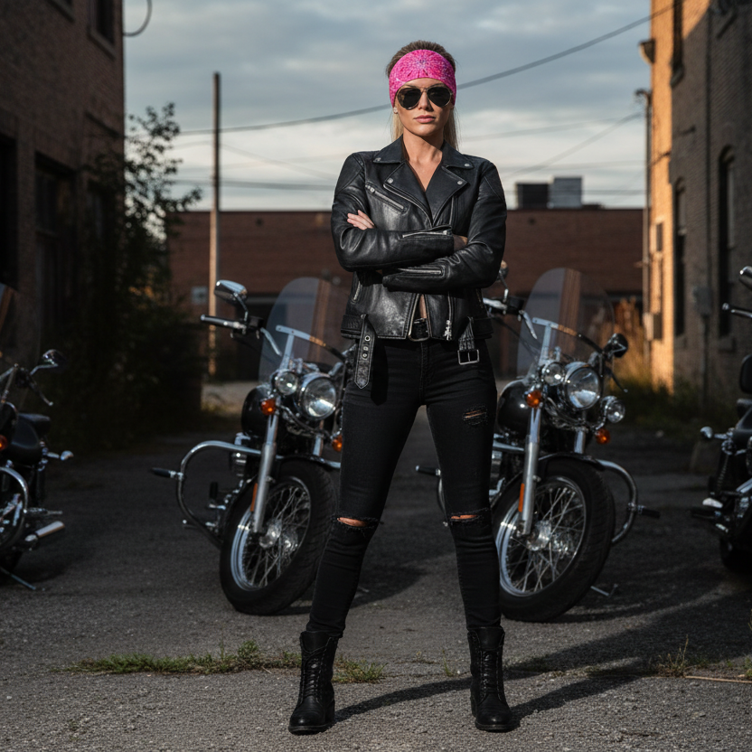 Pink Rhinestone Headband on Blonde Biker