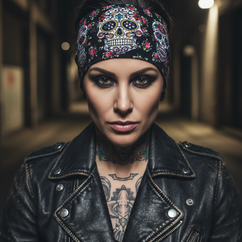 Sugar Skull Headband Front Angle Biker Chick